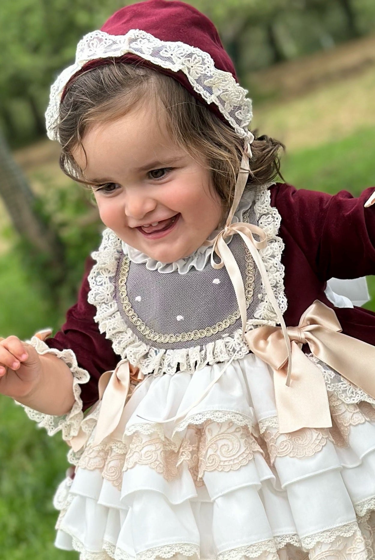 Exclusive AW25 Burgundy & Cream Puffball Dress Only ( MADE TO ORDER ) - Mariposa Children's Boutique