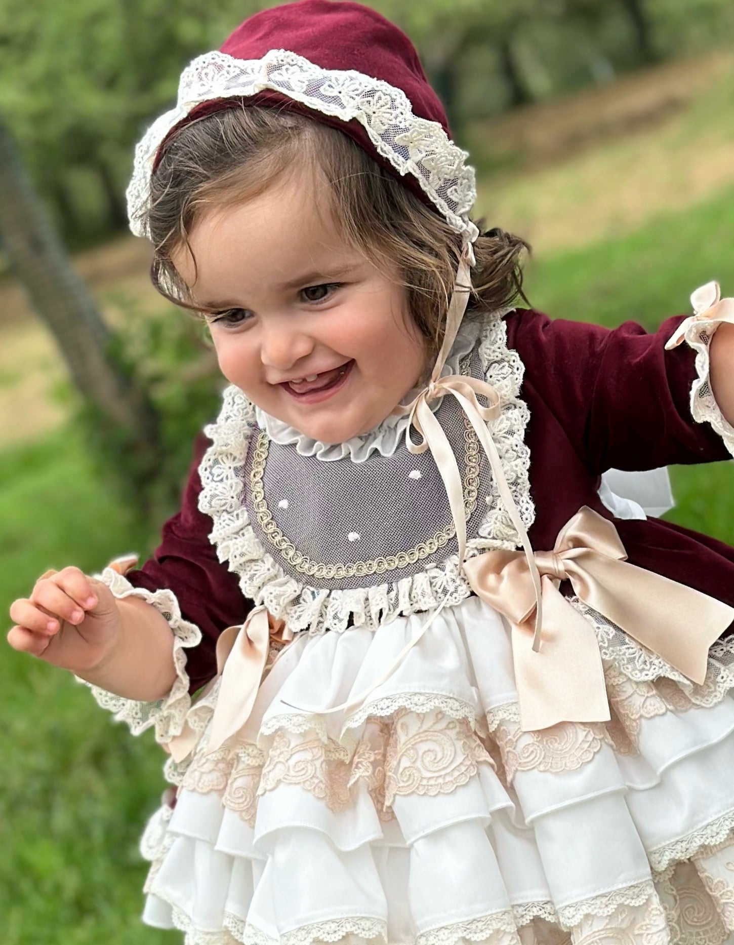 Exclusive AW25 Burgundy & Cream Puffball Dress Only ( MADE TO ORDER ) - Mariposa Children's Boutique