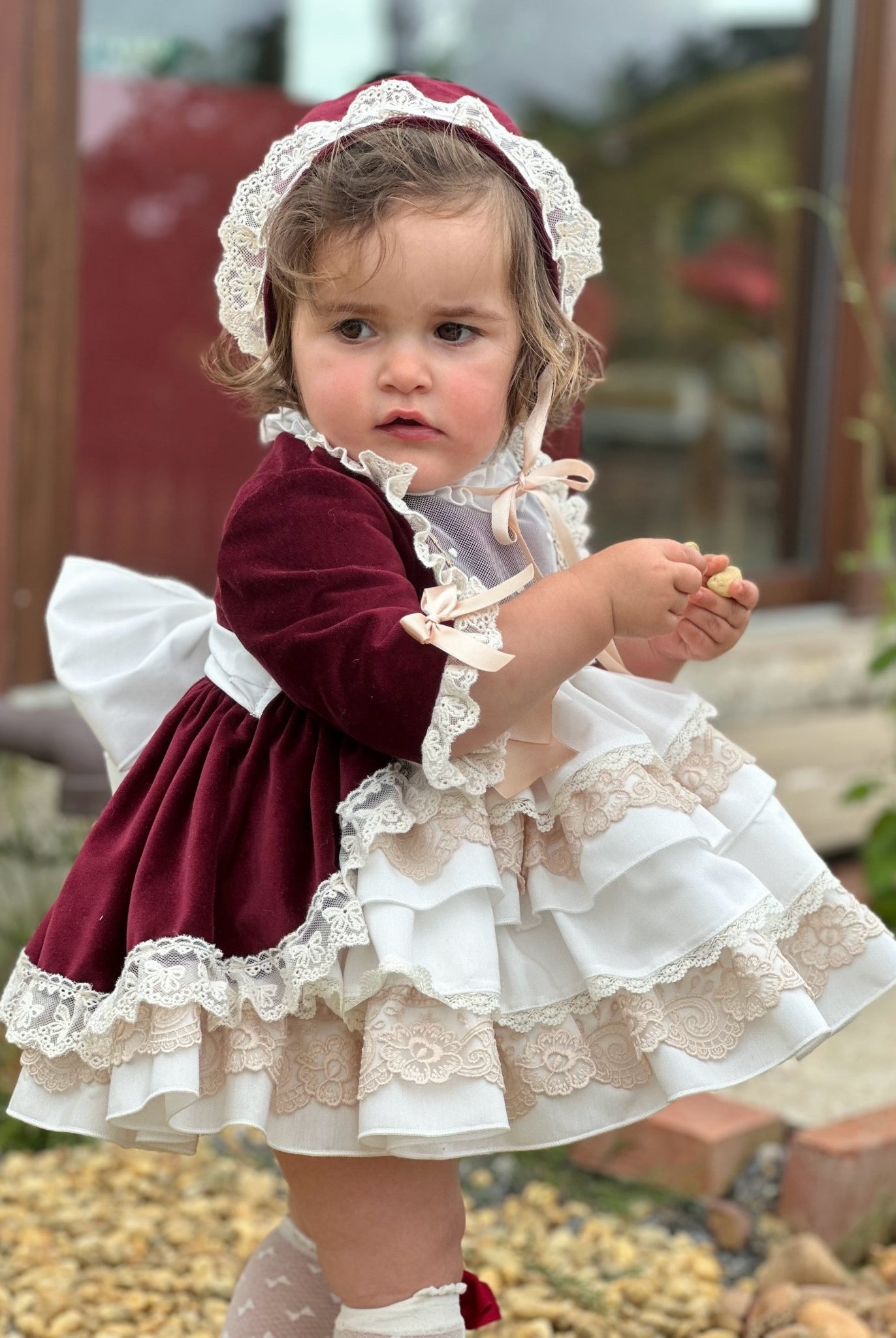 Exclusive AW25 Burgundy & Cream Puffball Dress Only ( MADE TO ORDER ) - Mariposa Children's Boutique