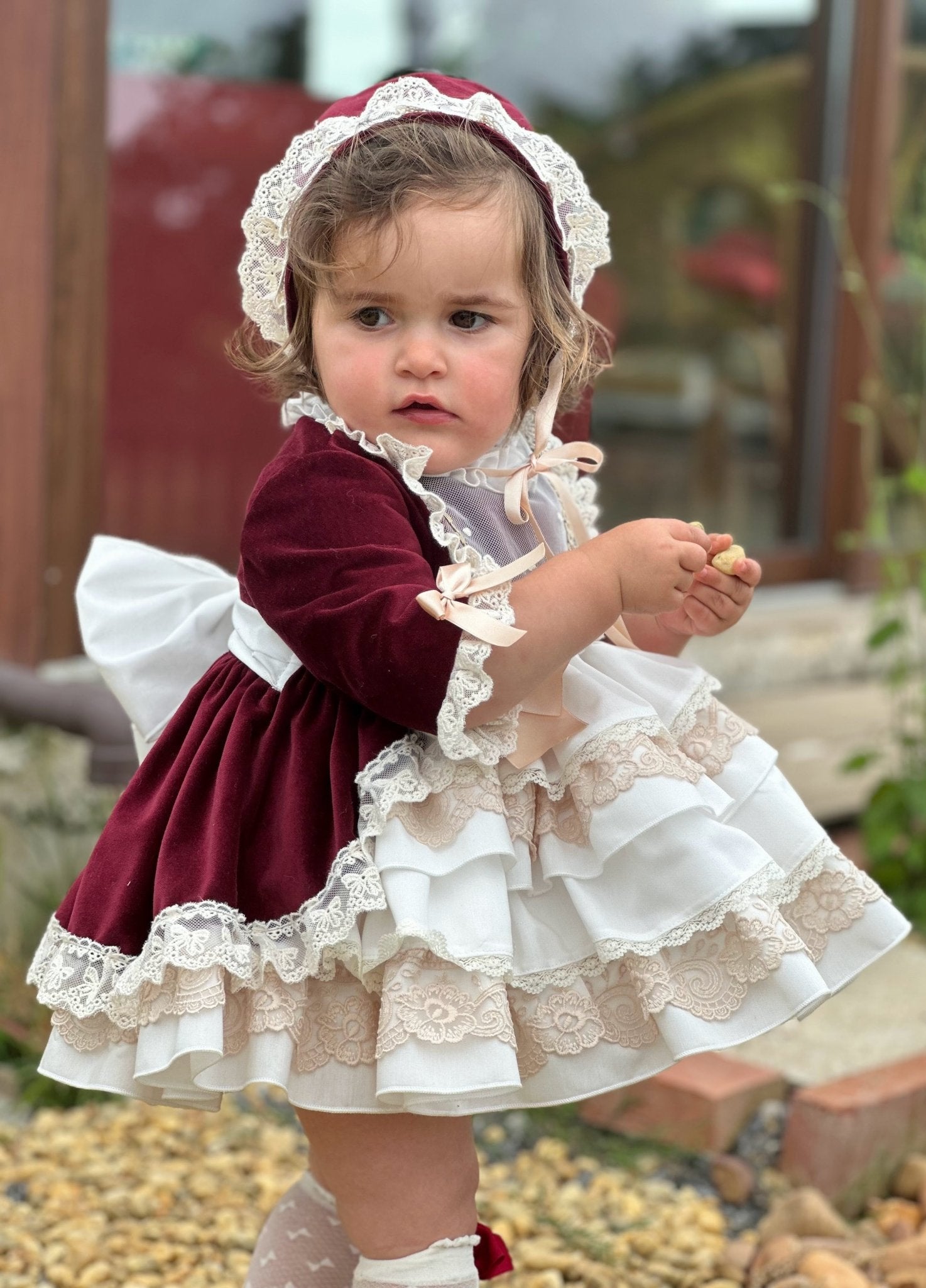 Exclusive AW25 Burgundy & Cream Puffball Dress Only ( MADE TO ORDER ) - Mariposa Children's Boutique
