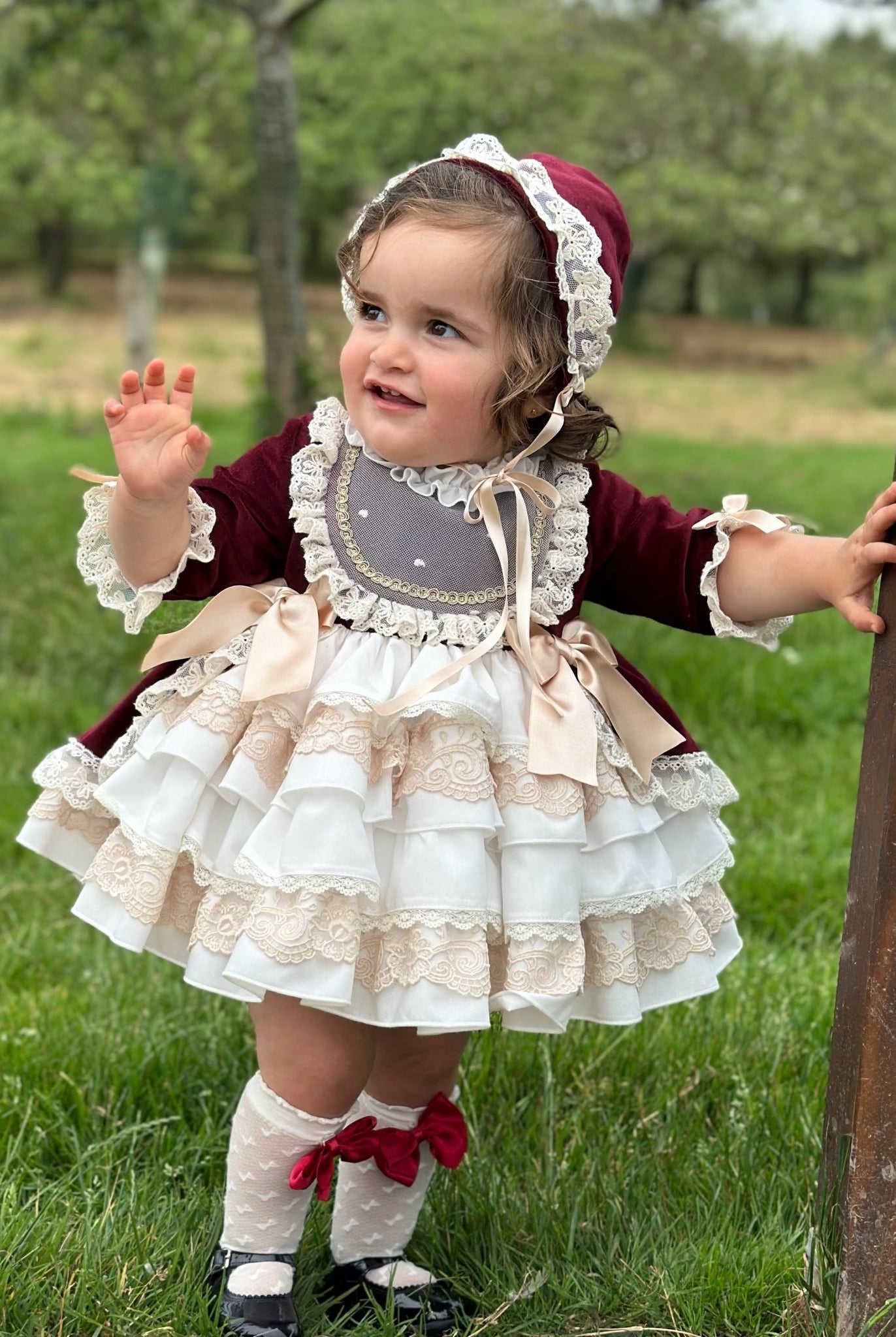 Exclusive AW25 Burgundy & Cream Puffball Dress Only ( MADE TO ORDER ) - Mariposa Children's Boutique