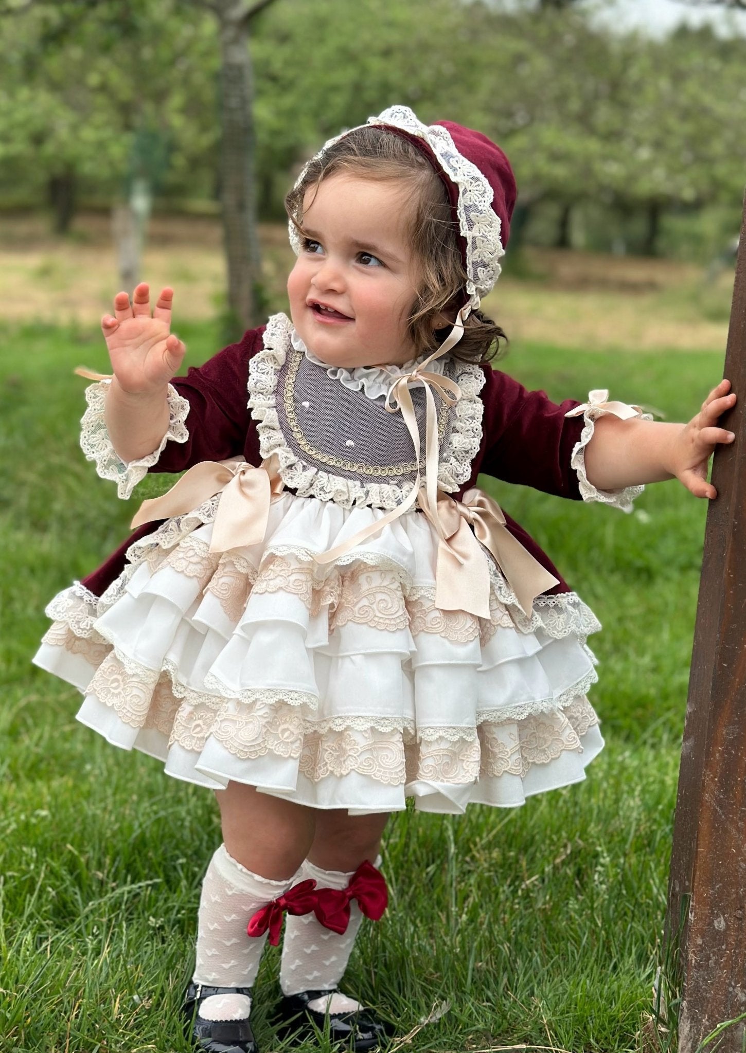 Exclusive AW25 Burgundy & Cream Puffball Dress Only ( MADE TO ORDER ) - Mariposa Children's Boutique
