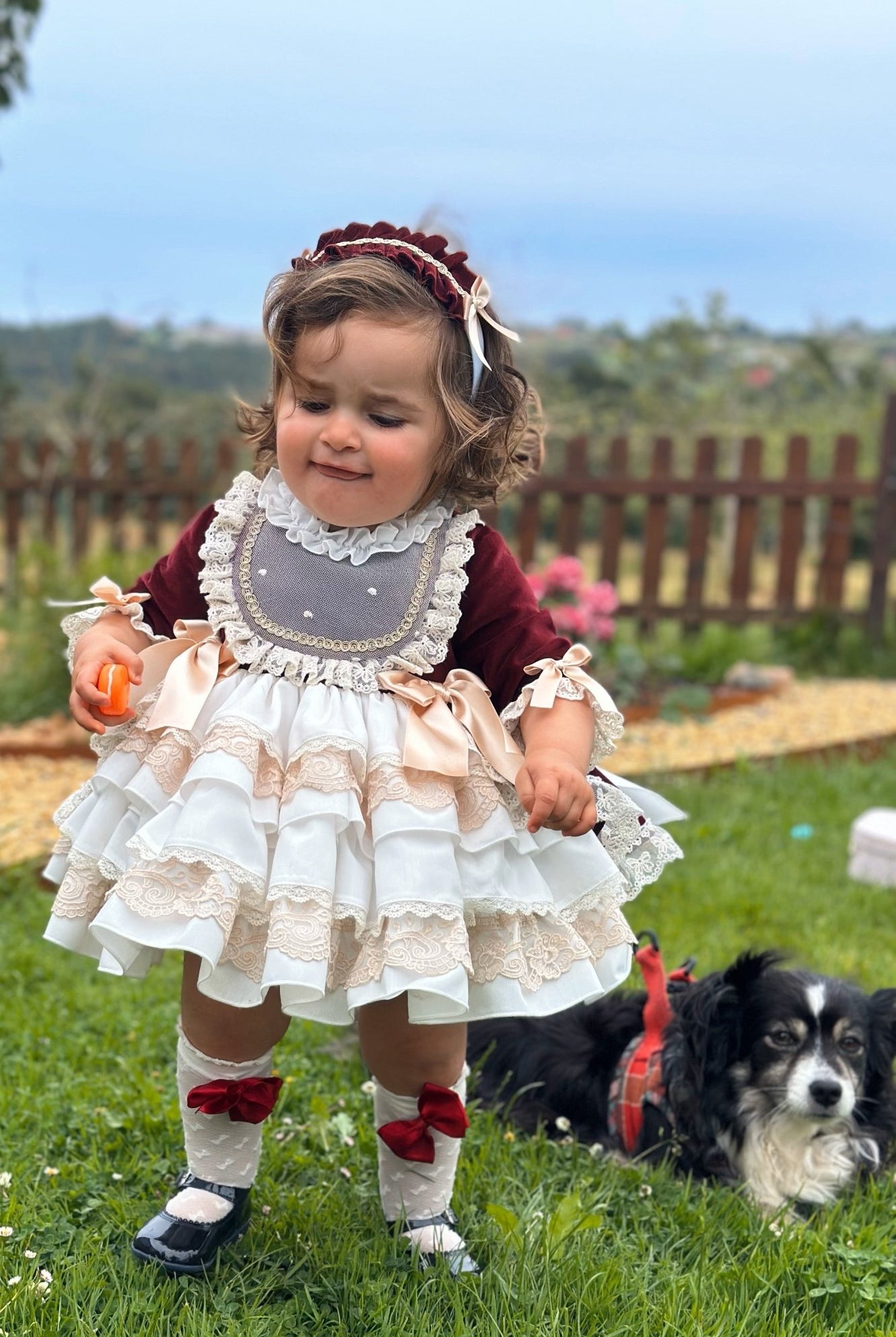 Exclusive AW25 Burgundy & Cream Puffball Dress Only ( MADE TO ORDER ) - Mariposa Children's Boutique