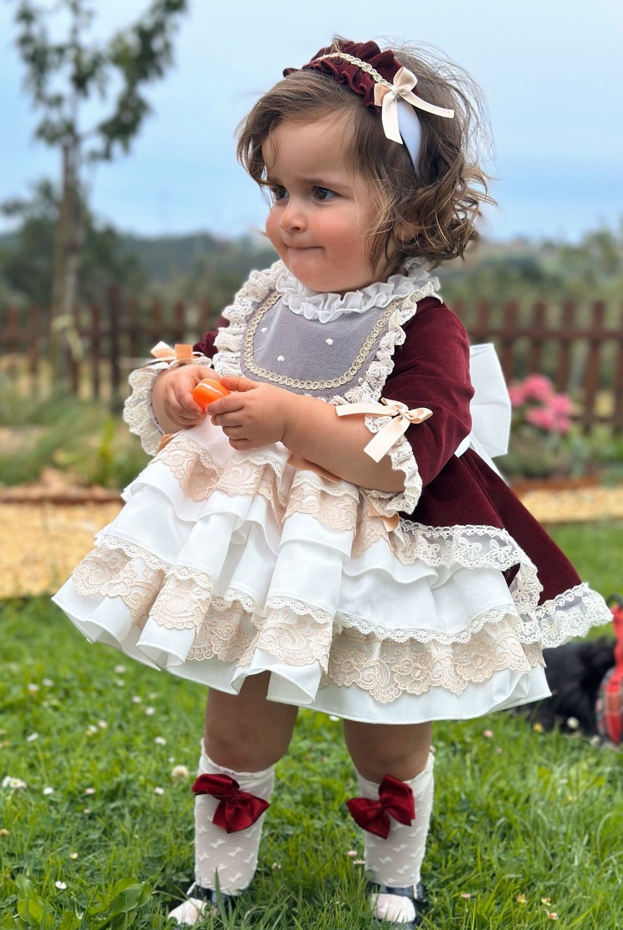Exclusive AW25 Burgundy & Cream Puffball Dress Only ( MADE TO ORDER ) - Mariposa Children's Boutique