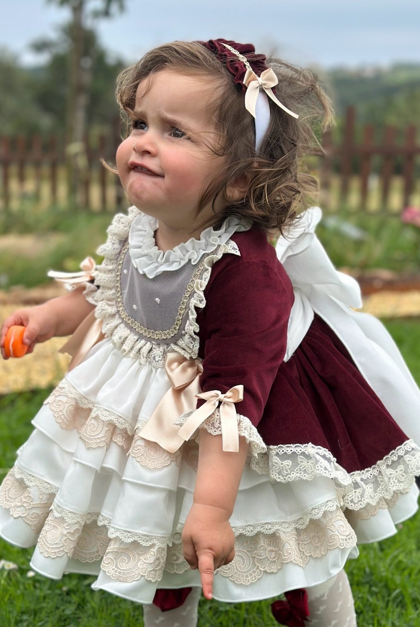 Exclusive AW25 Burgundy & Cream Puffball Dress Only ( MADE TO ORDER ) - Mariposa Children's Boutique
