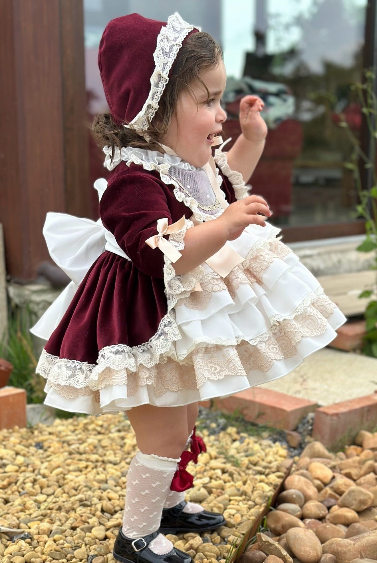 Exclusive AW25 Burgundy & Cream Puffball Dress Only ( MADE TO ORDER ) - Mariposa Children's Boutique