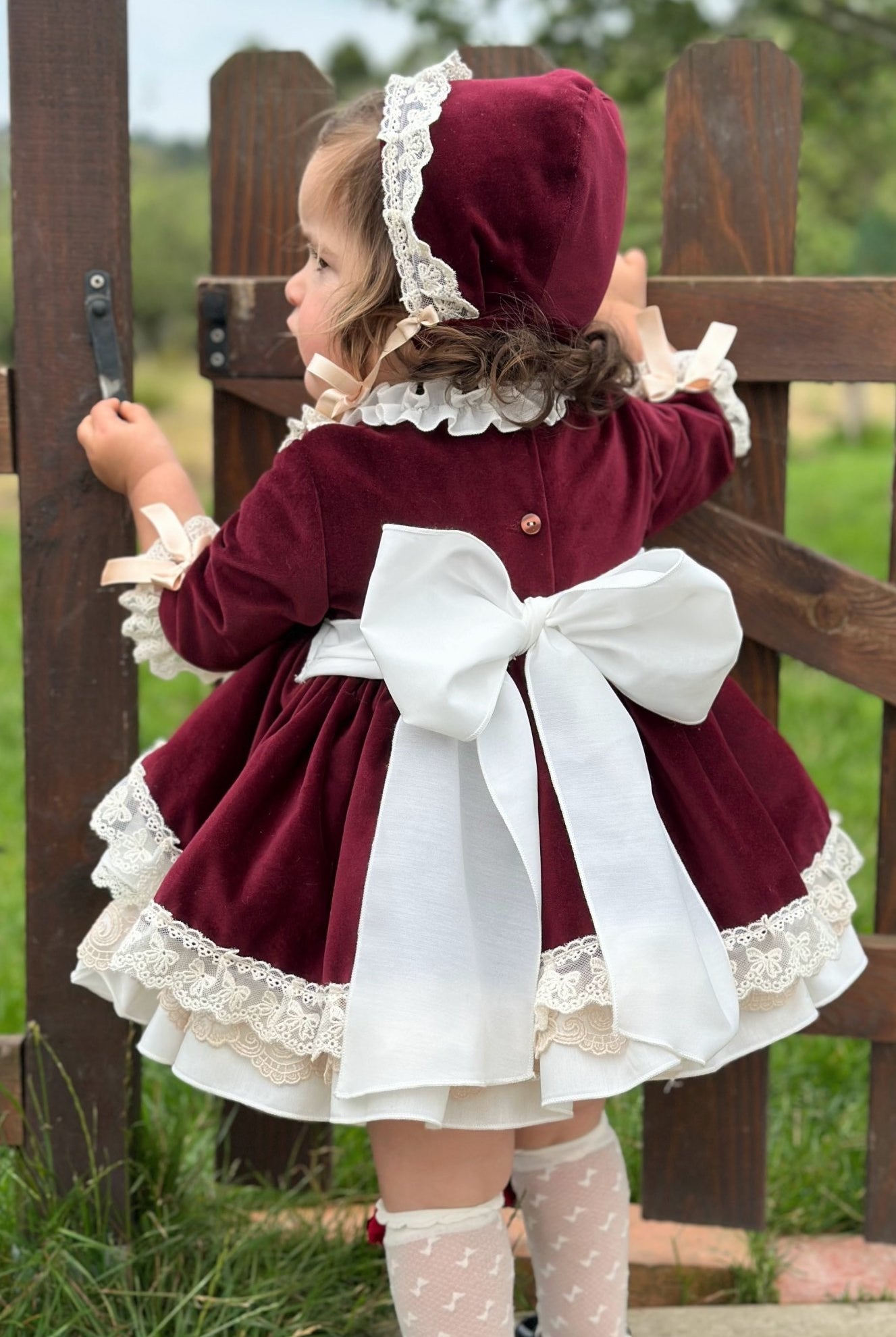Exclusive AW25 Burgundy & Cream Puffball Dress Only ( MADE TO ORDER ) - Mariposa Children's Boutique