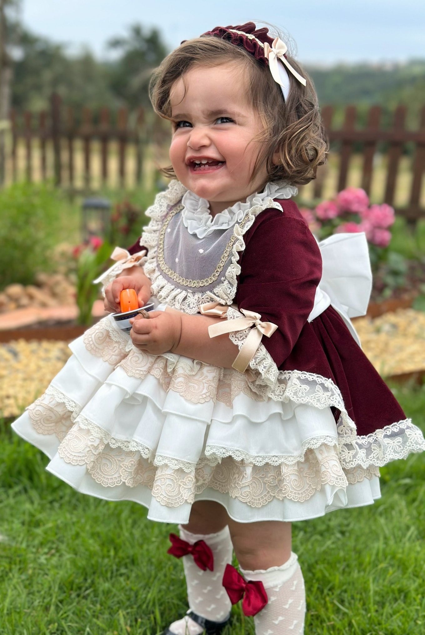 Exclusive AW25 Burgundy & Cream Puffball Dress Only ( MADE TO ORDER ) - Mariposa Children's Boutique