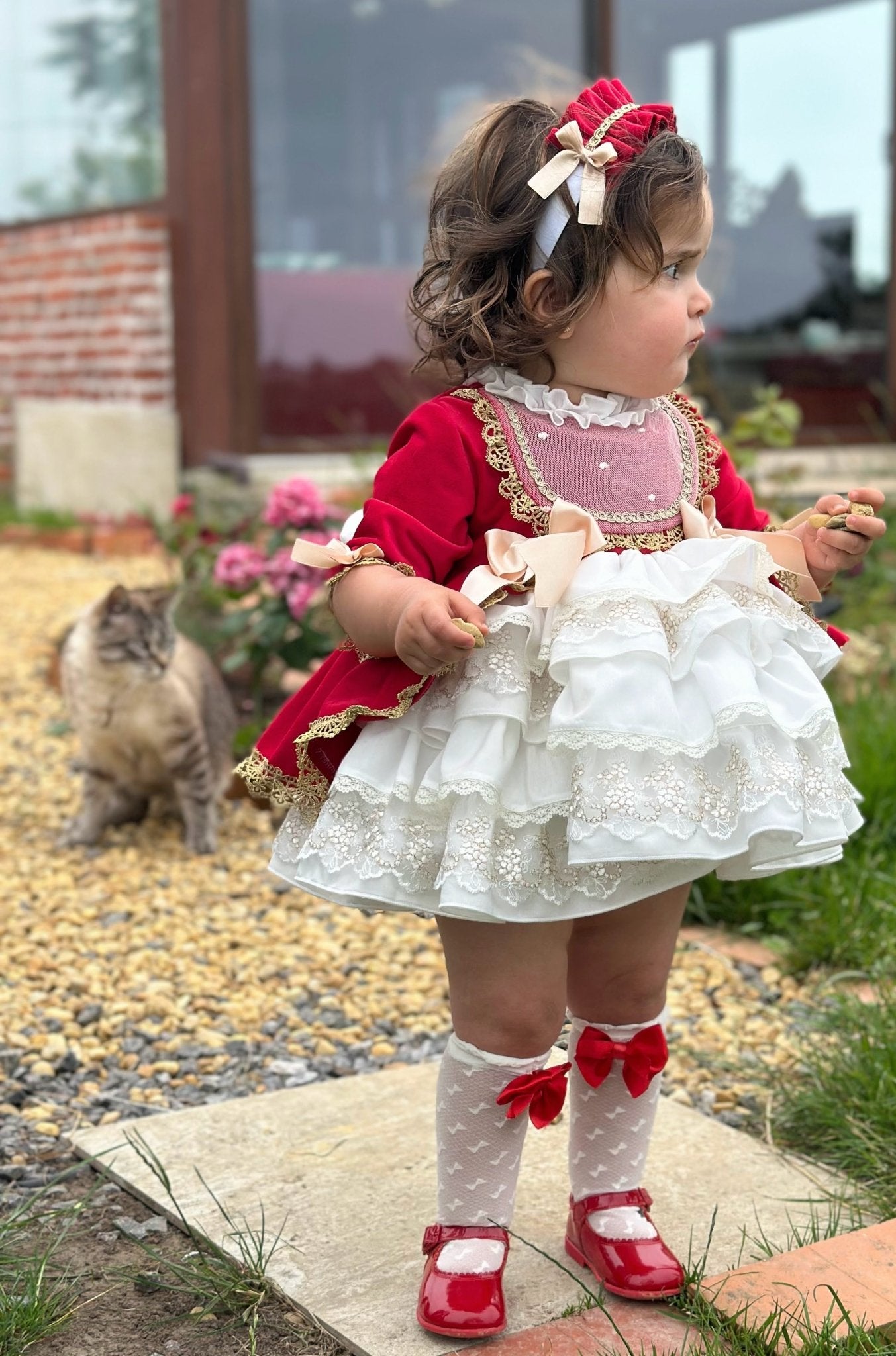 Exclusive AW25 Red & Cream Puffball Dress Only ( MADE TO ORDER ) - Mariposa Children's Boutique