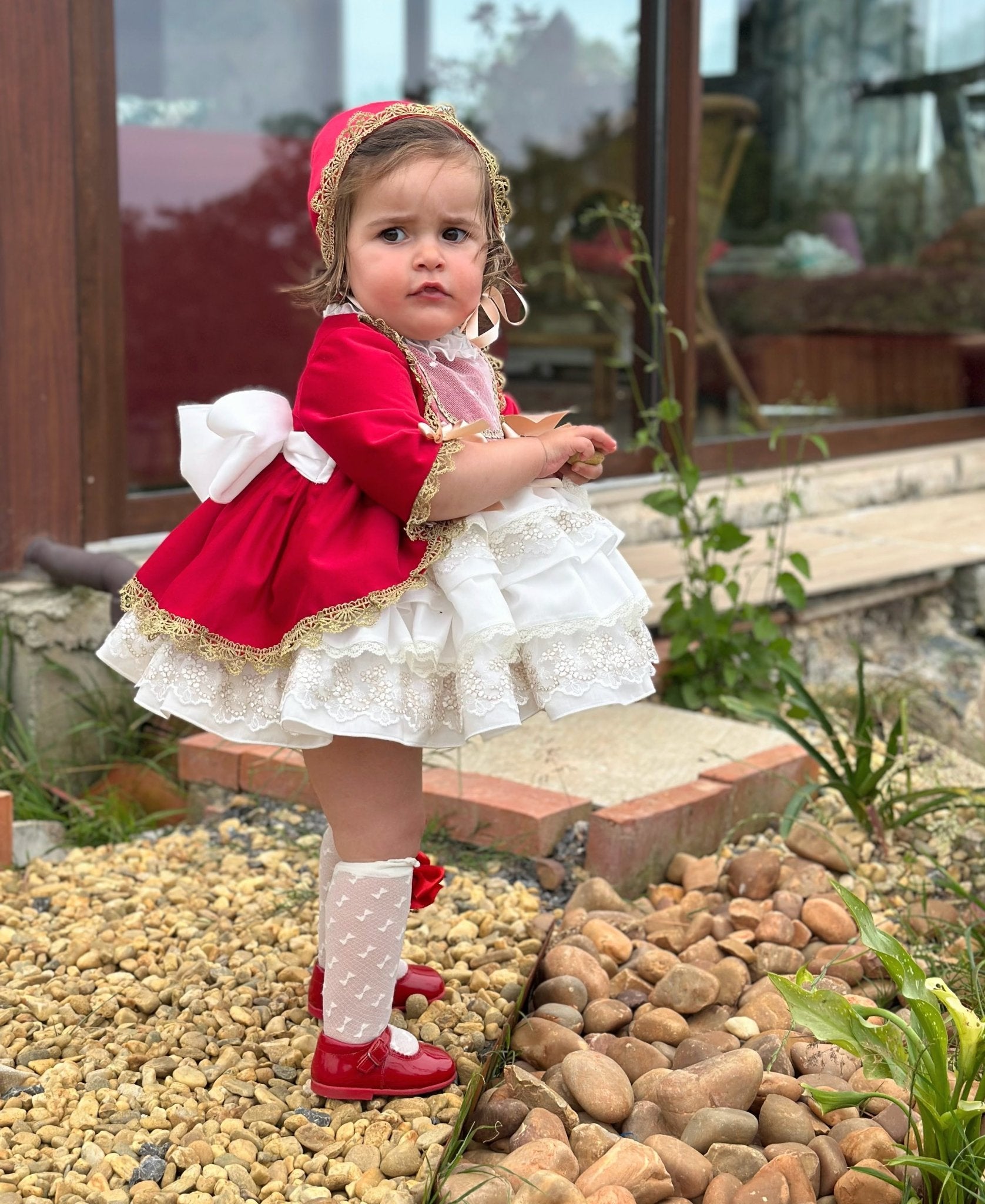 Exclusive AW25 Red & Cream Puffball Dress Only ( MADE TO ORDER ) - Mariposa Children's Boutique