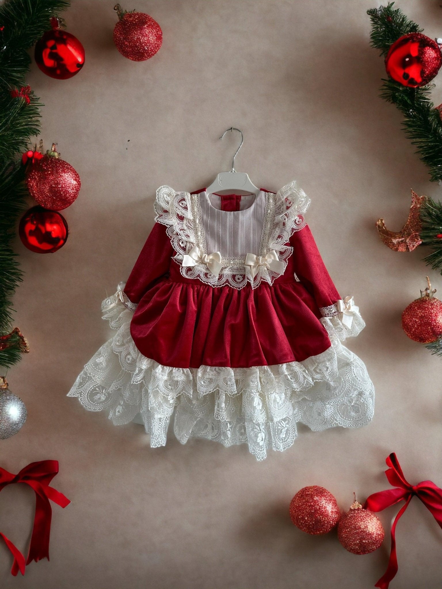 Exclusive - Holly Red & Cream Velvet & Lace Puffball Dress Age 4yrs IN - STOCK - Mariposa Children's Boutique