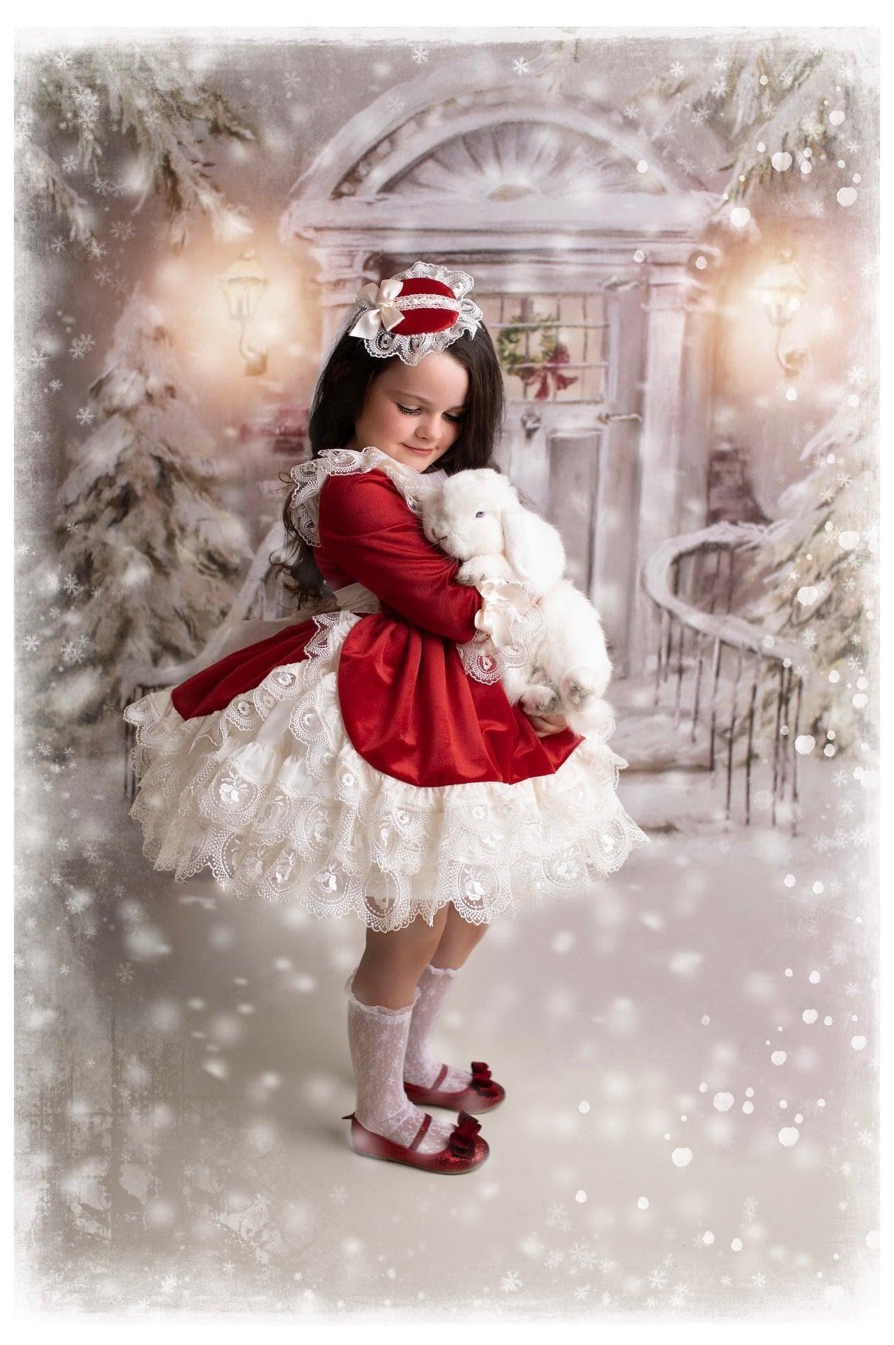 Exclusive - Holly Red & Cream Velvet & Lace Puffball Dress Age 4yrs IN - STOCK - Mariposa Children's Boutique