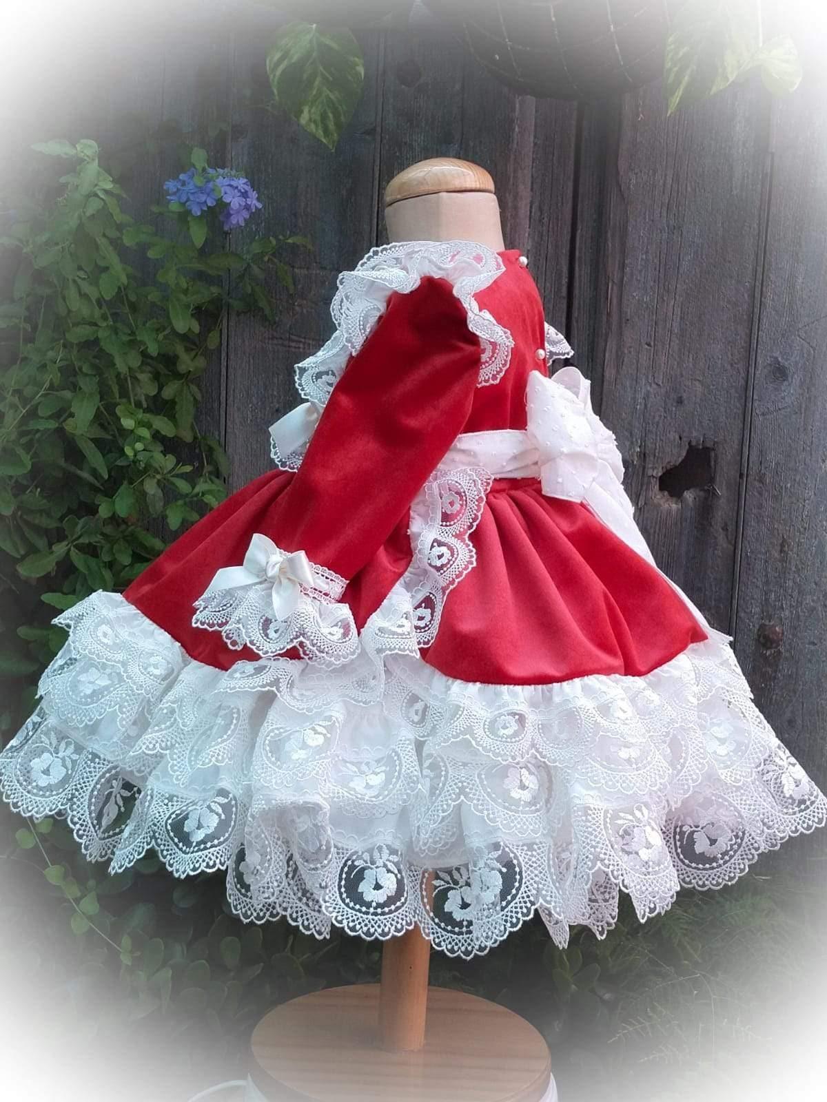 Exclusive - Holly Red & Cream Velvet & Lace Puffball Dress Age 4yrs IN - STOCK - Mariposa Children's Boutique