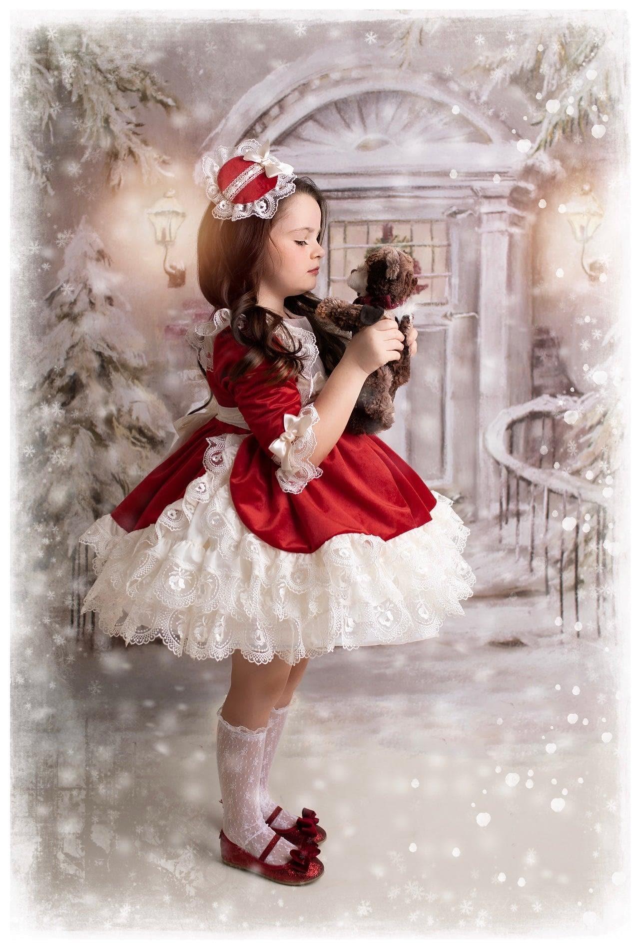 Exclusive - Holly Red & Cream Velvet & Lace Puffball Dress Age 4yrs IN - STOCK - Mariposa Children's Boutique