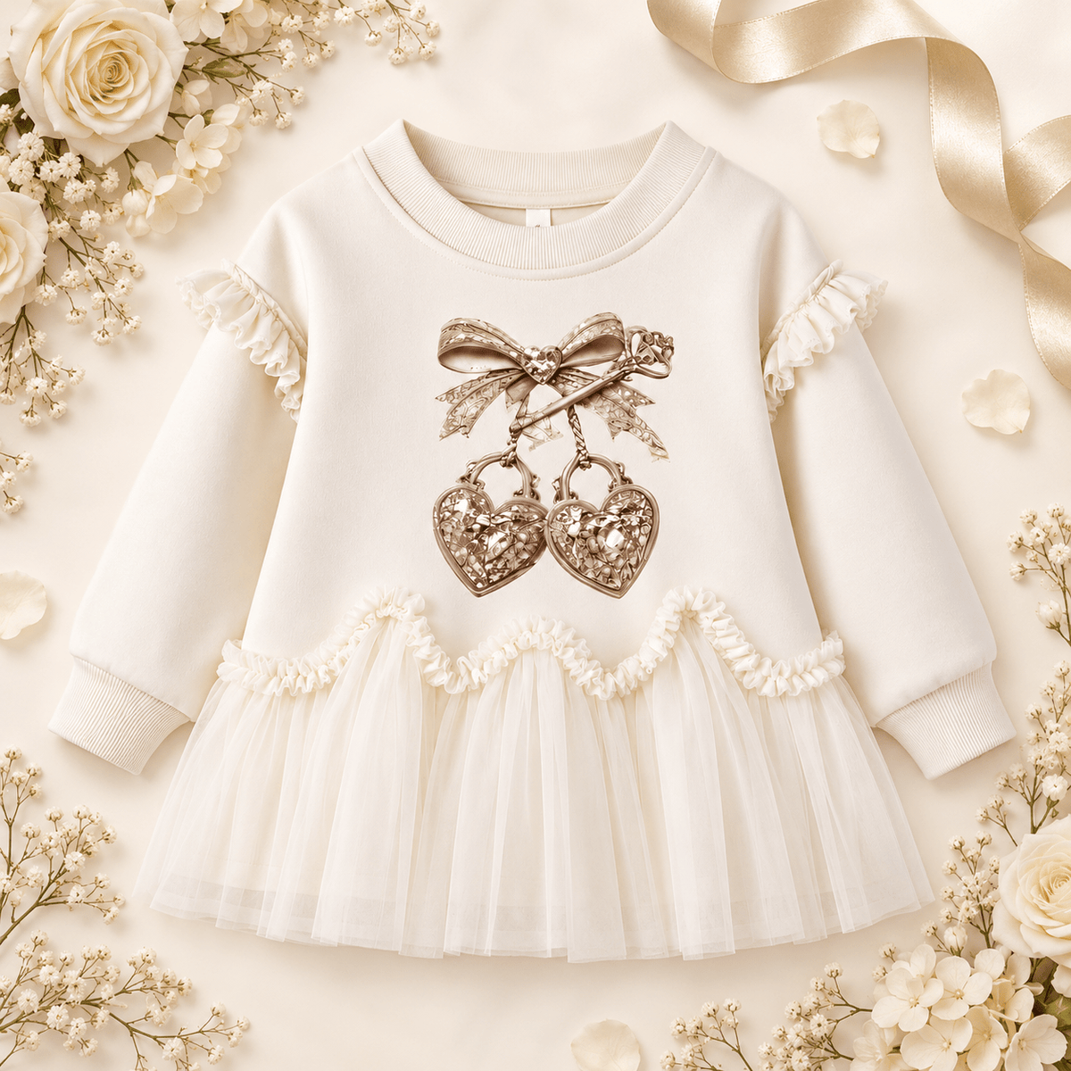Giorgio Bambini Girls Beige Heart Lock Tulle Frill Sweater Dress | AW26