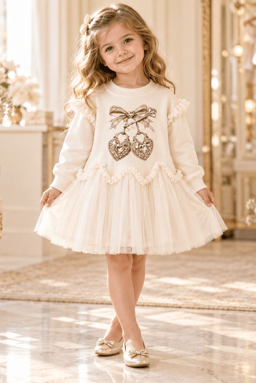 Giorgio Bambini Girls Beige Heart Lock Tulle Frill Sweater Dress | AW26