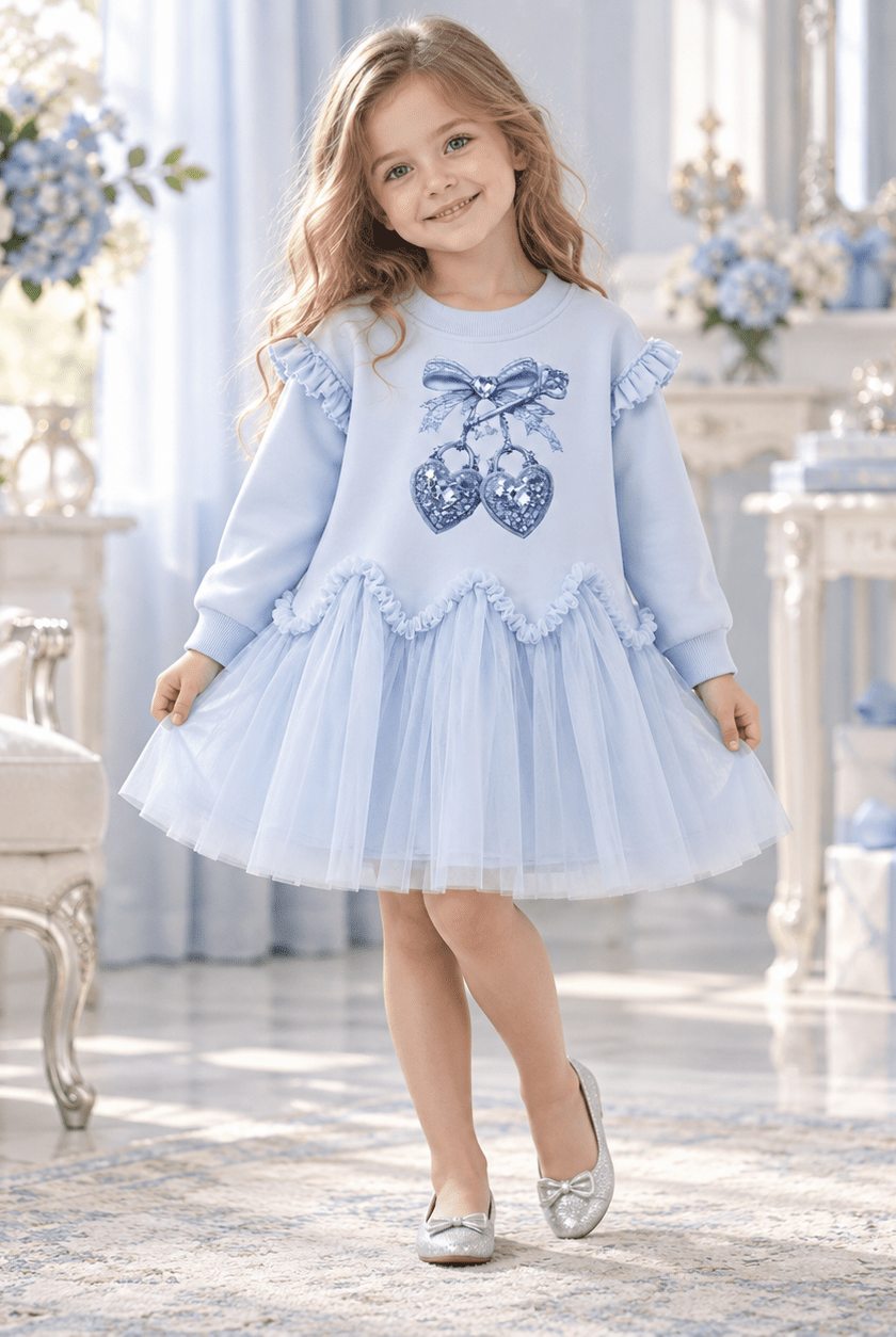Giorgio Bambini Girls Blue Heart Lock Tulle Frill Sweater Dress | AW26