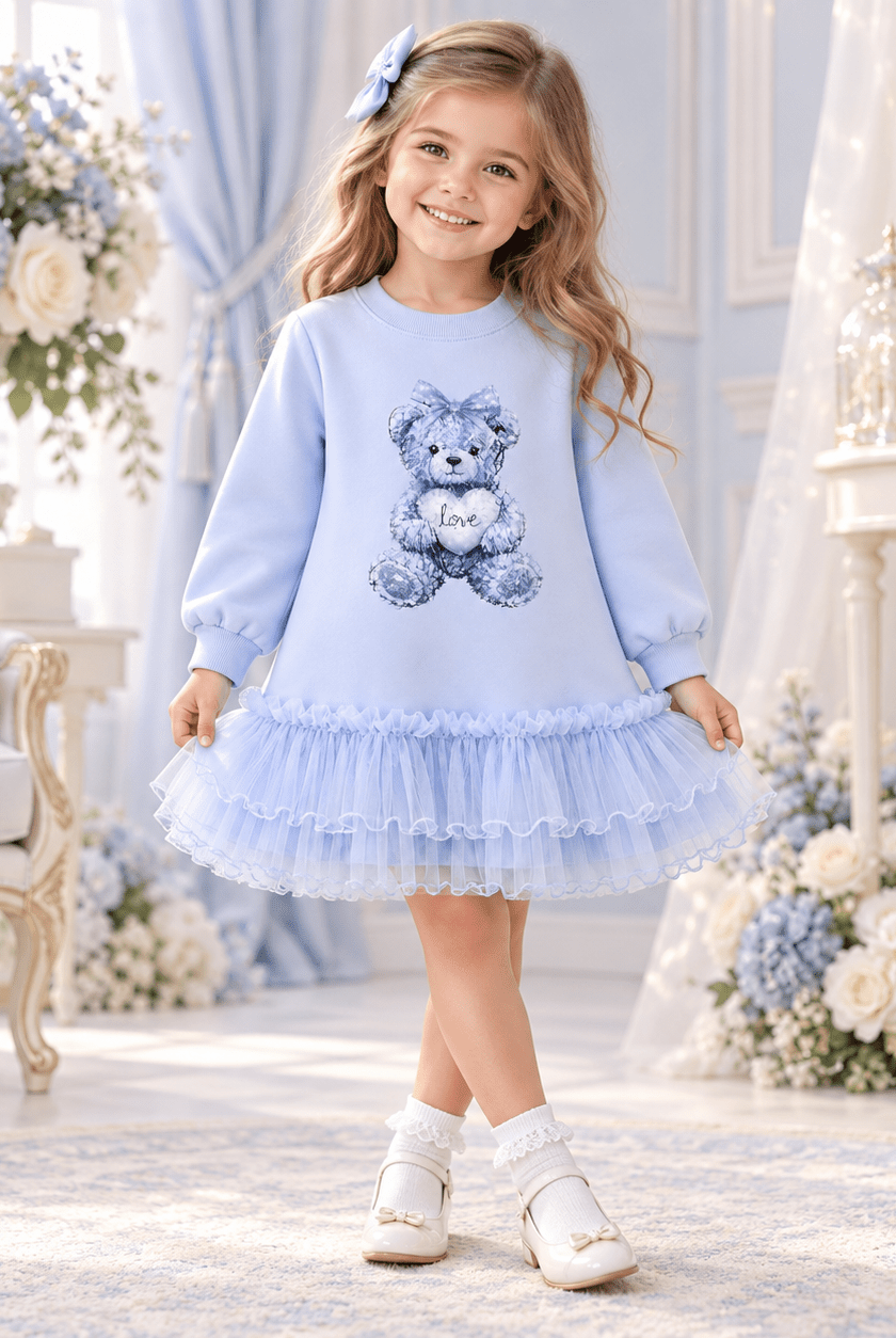 Giorgio Bambini Girls Blue Teddy Bear Tulle Frill Sweater Dress | AW26