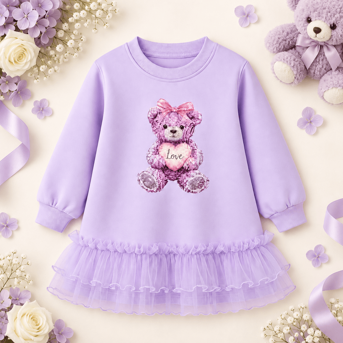 Giorgio Bambini Girls Lilac Teddy Bear Tulle Frill Sweater Dress | AW26