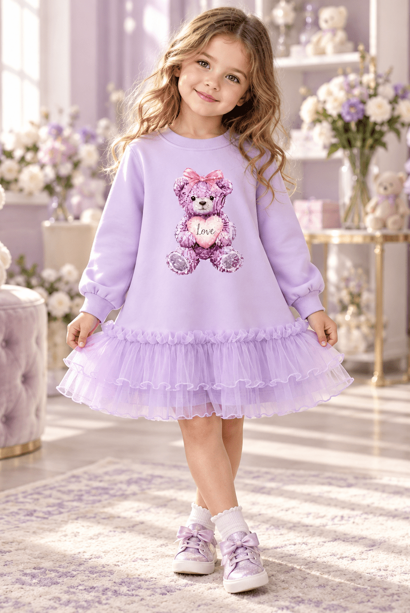 Giorgio Bambini Girls Lilac Teddy Bear Tulle Frill Sweater Dress | AW26