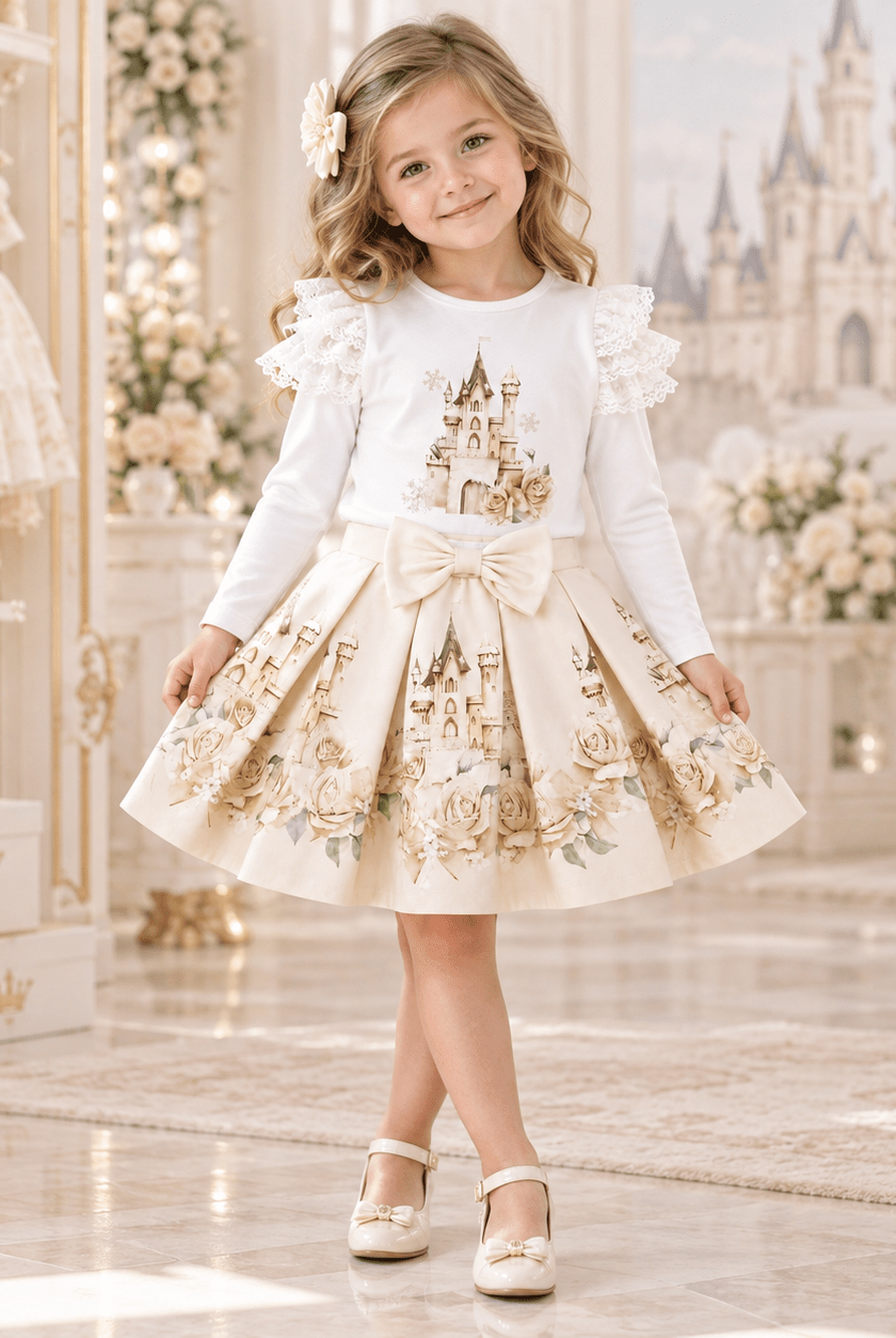 Giorgio Bambini Girls White & Beige Castle Skirt Set | AW26