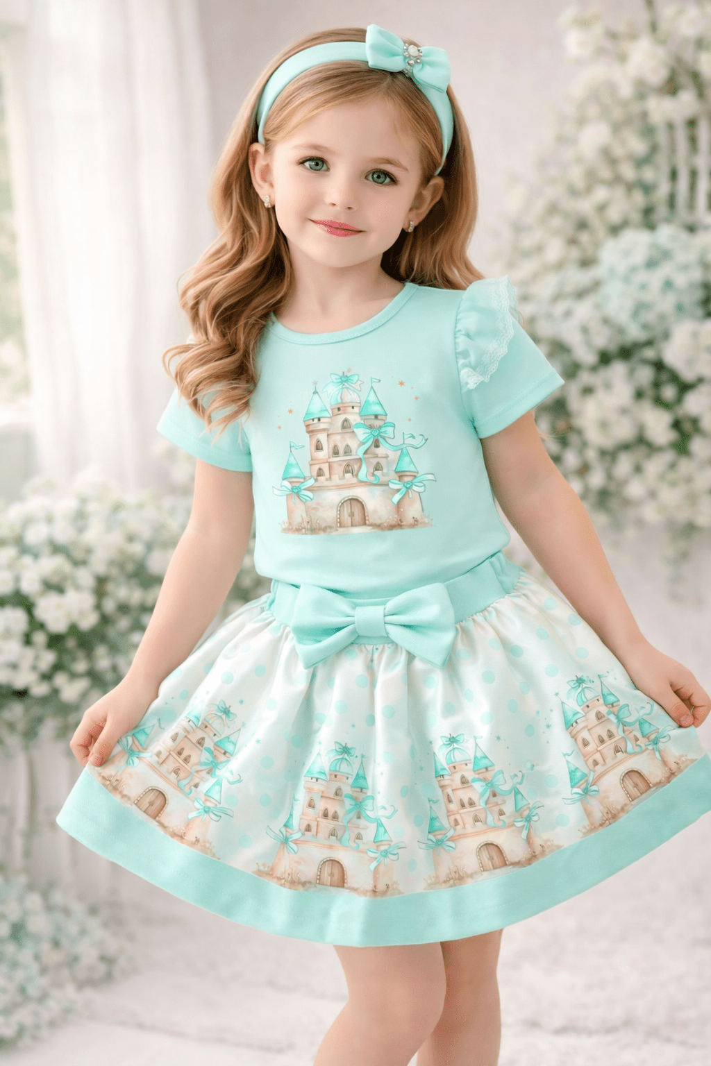Giorgio Bambini SS26 - Girls Mint Castle Skirt Set with Hairbow