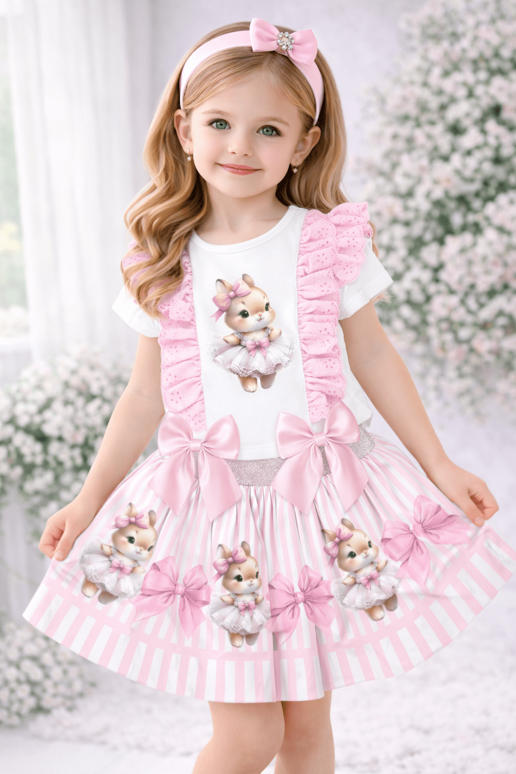 Giorgio Bambini SS26 - Girls Pink Bunny Skirt Set & Hairbow