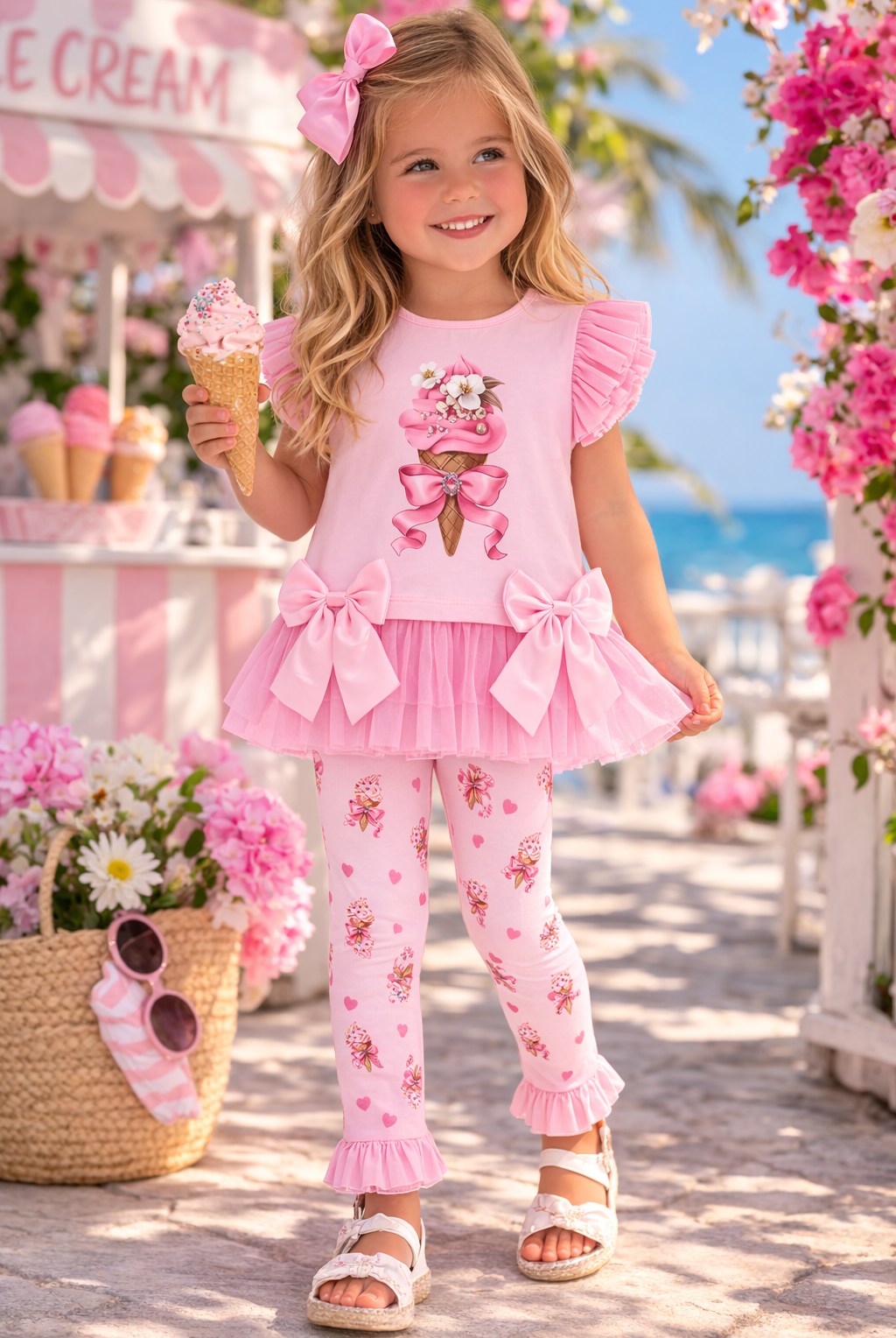 Girls Pink Ice-Cream Print Leggings and Top Set for Summer by Giorgio Bambini with a summer holiday background.