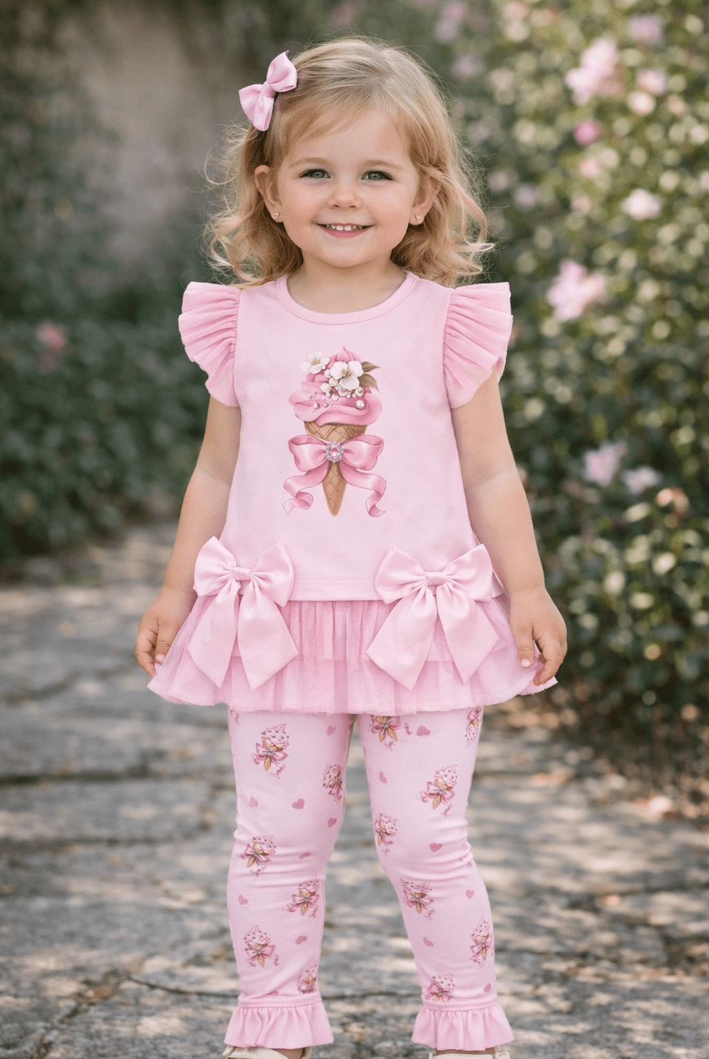 Giorgio Bambini girls pink ice-cream print leggings and top set with bows and tulle hem – boutique children's outfit SS26