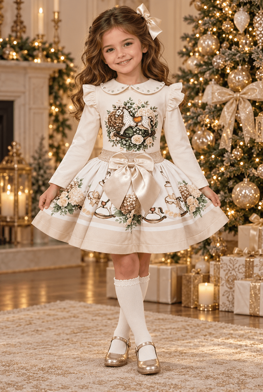 A young girl stands in a decorated holiday living room wearing a cream and gold Christmas dress with embroidered woodland motifs, white knee-high socks, and gold shoes. A Christmas tree, fireplace, and wrapped gifts are visible in the background.
