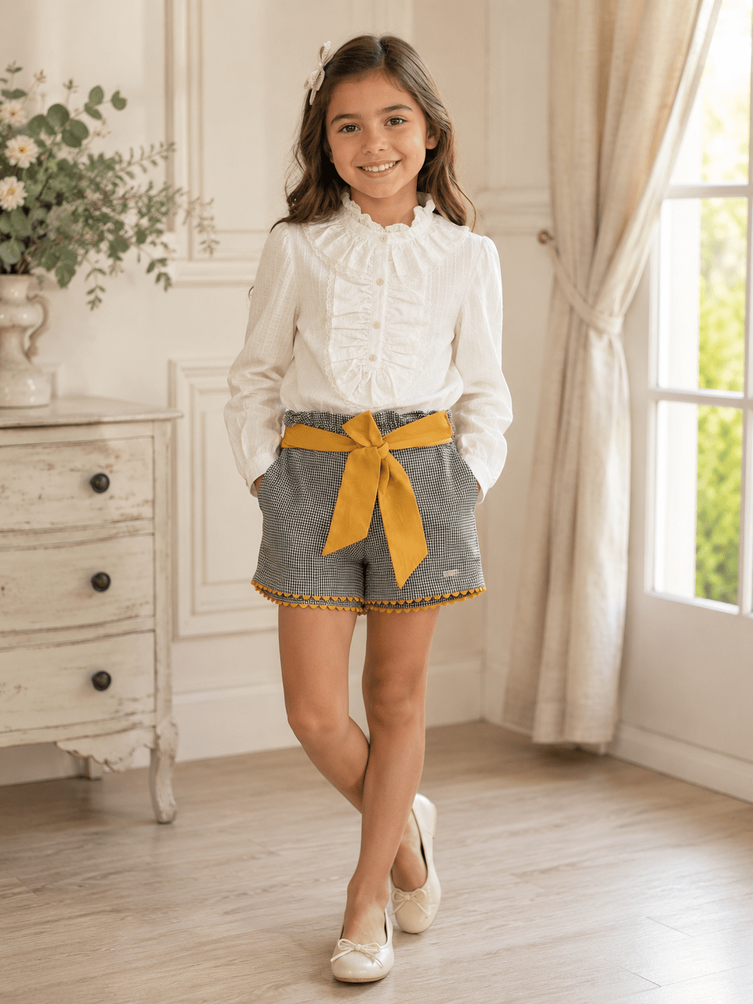 Nekenia cream blouse with matching grey and mustard shorts for girls.