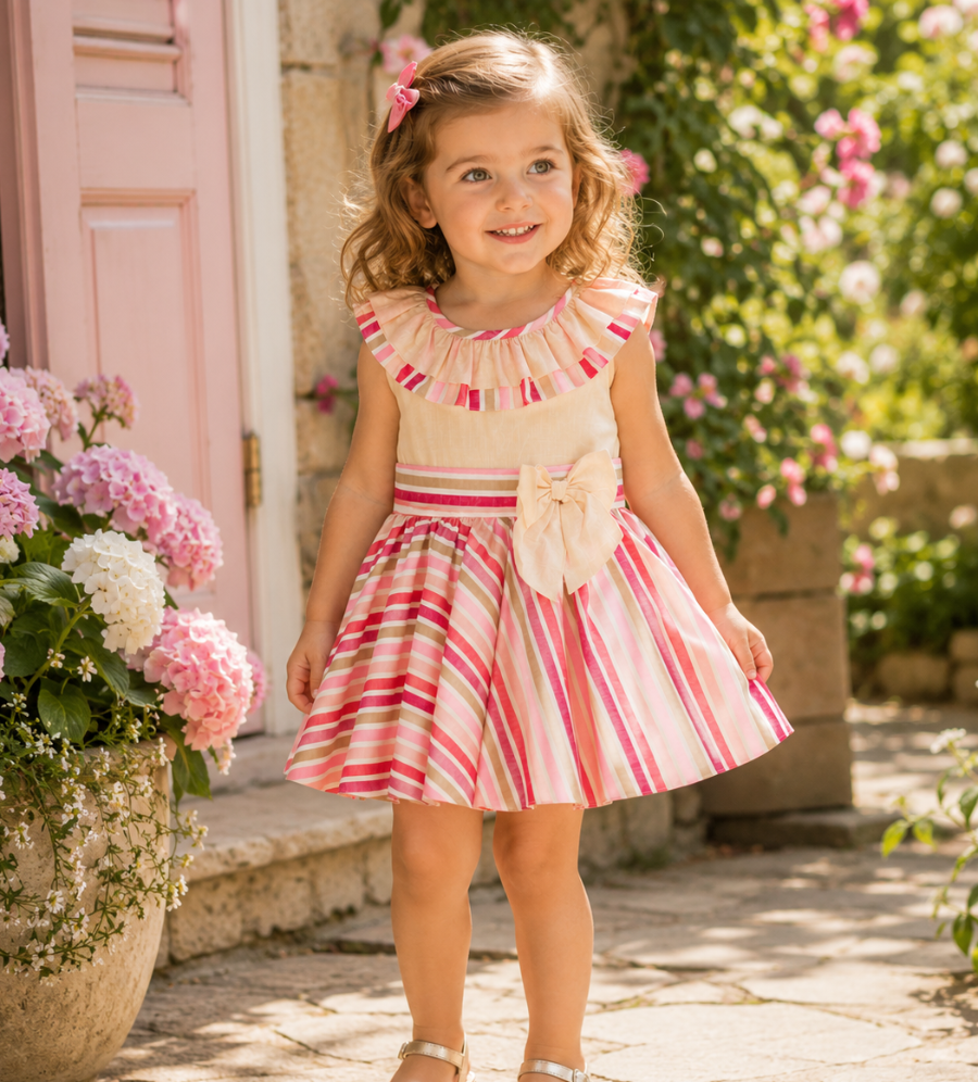DBB Collection girls beige and pink stripe summer dress age 6 clearance sale