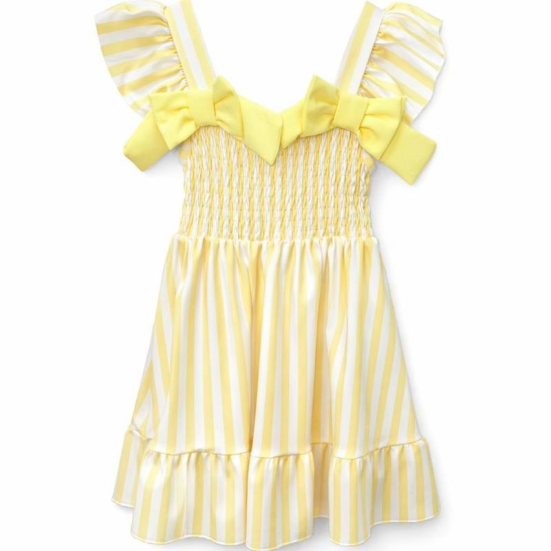 Girls yellow stripe smocked summer dress with bow shoulders ages 4 to 14