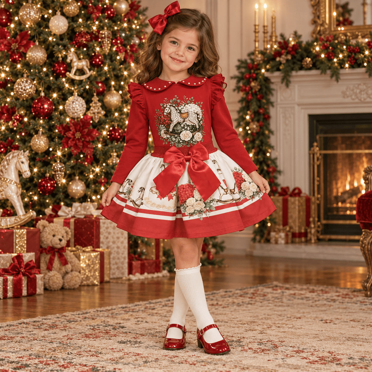 Girls Red Rocking Horse Top & Skirt Set