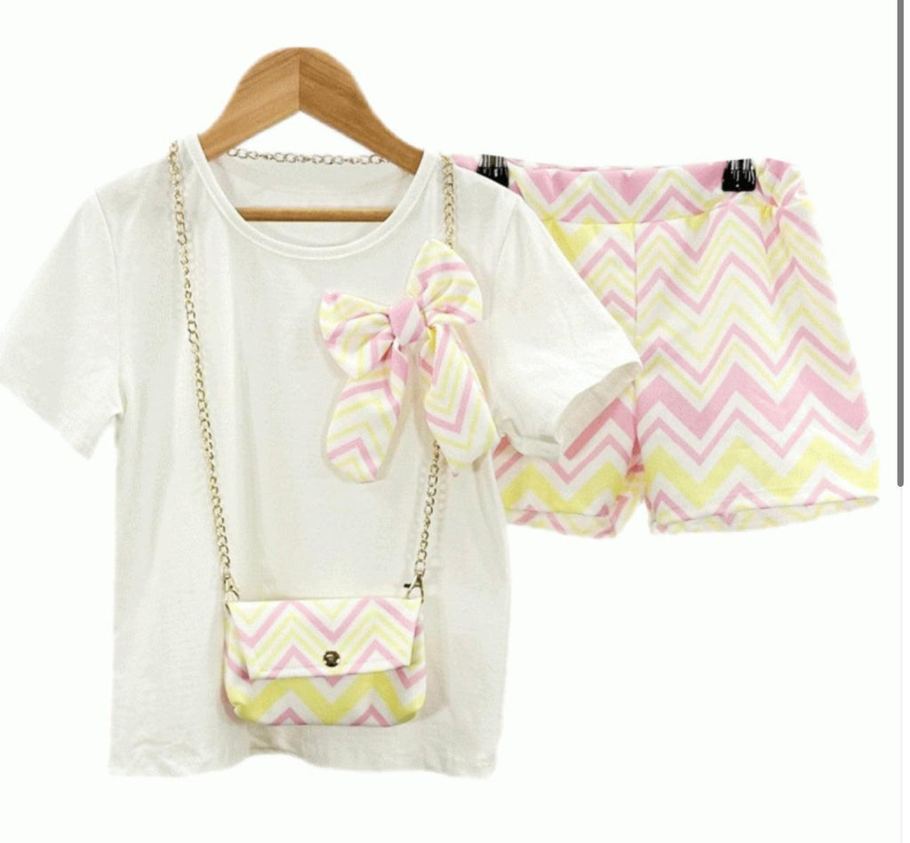 Girls SS24 - Yellow & Pink Zig Zag Shorts with Matching Top & Bag - Mariposa Children's Boutique