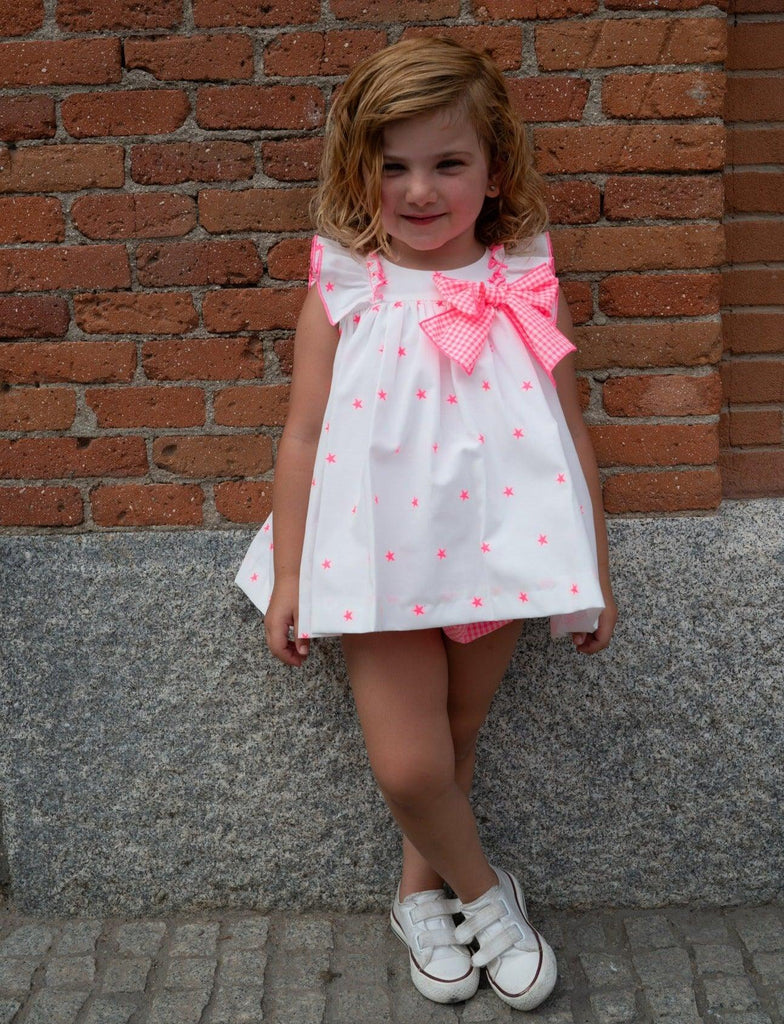 La Peppa SS24 - Baby Girls White & Neon Pink Star Baby Dress & Knickers - Mariposa Children's Boutique