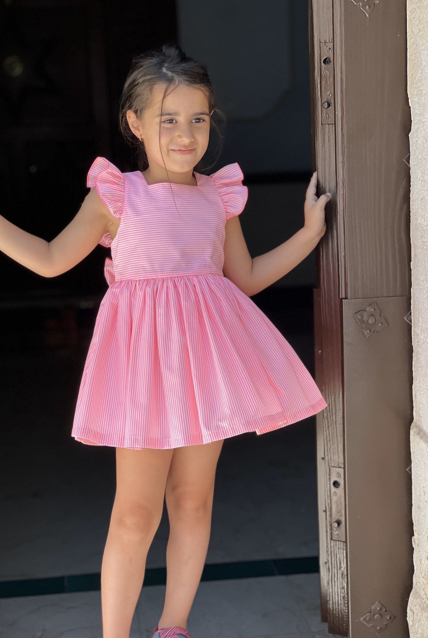 La Peppa SS25 - Girl's Neon Pink Stripe Summer Dress - Mariposa Children's Boutique