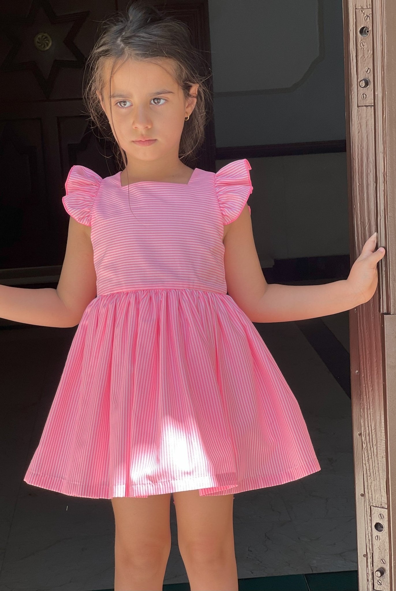 La Peppa SS25 - Girl's Neon Pink Stripe Summer Dress - Mariposa Children's Boutique