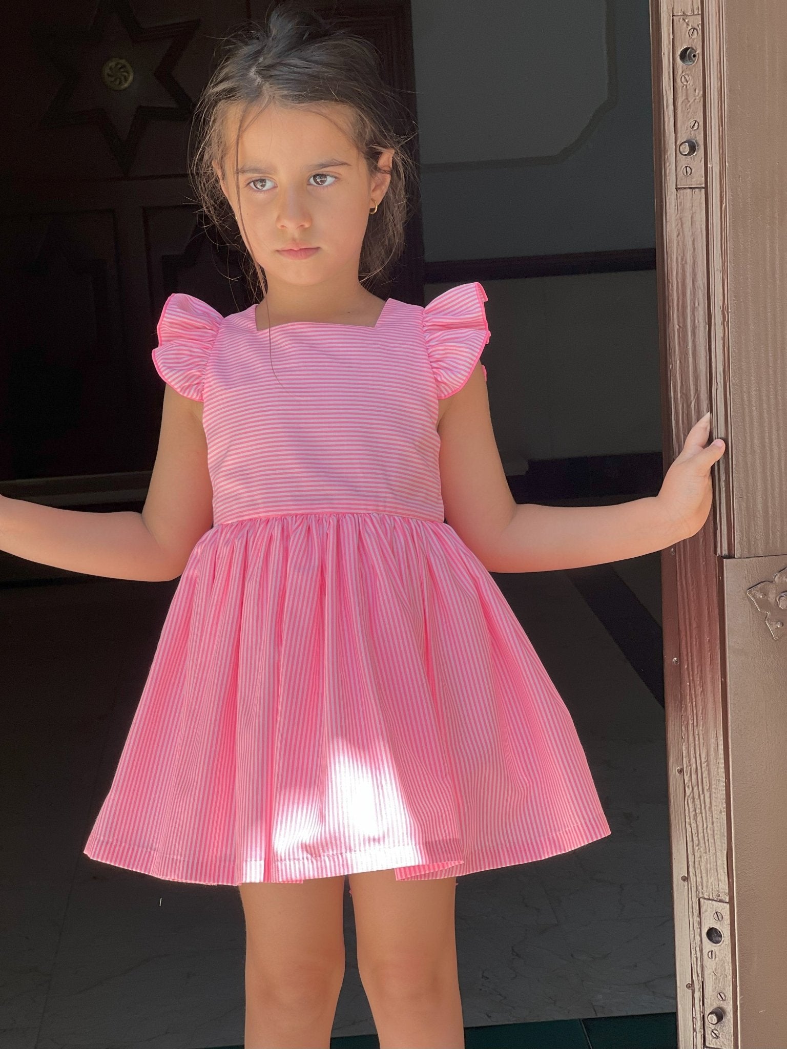 La Peppa SS25 - Girl's Neon Pink Stripe Summer Dress - Mariposa Children's Boutique