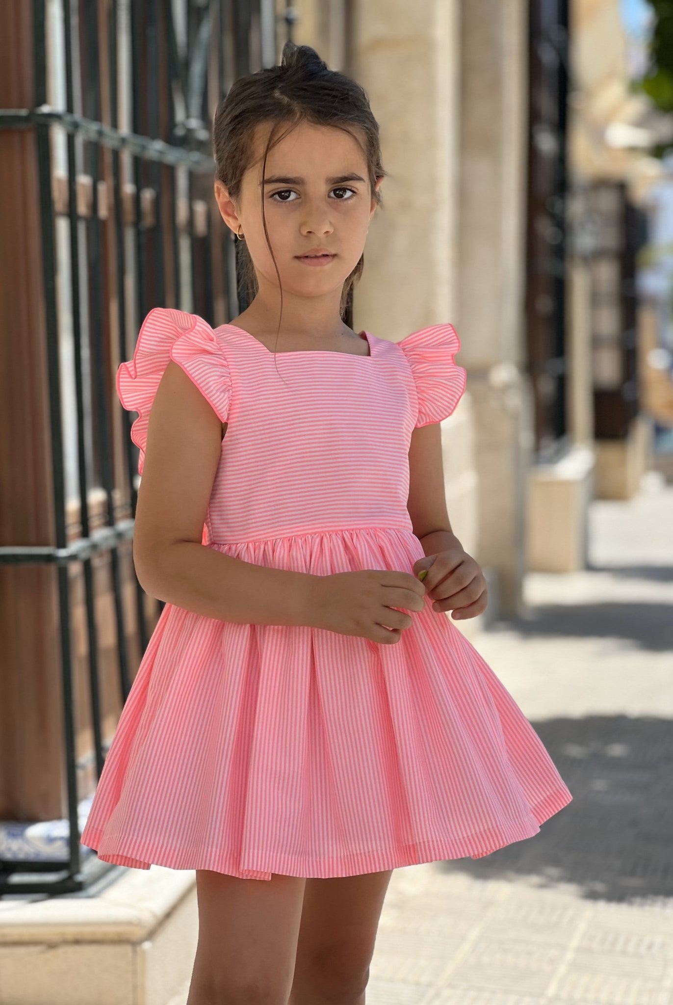 La Peppa SS25 - Girl's Neon Pink Stripe Summer Dress - Mariposa Children's Boutique