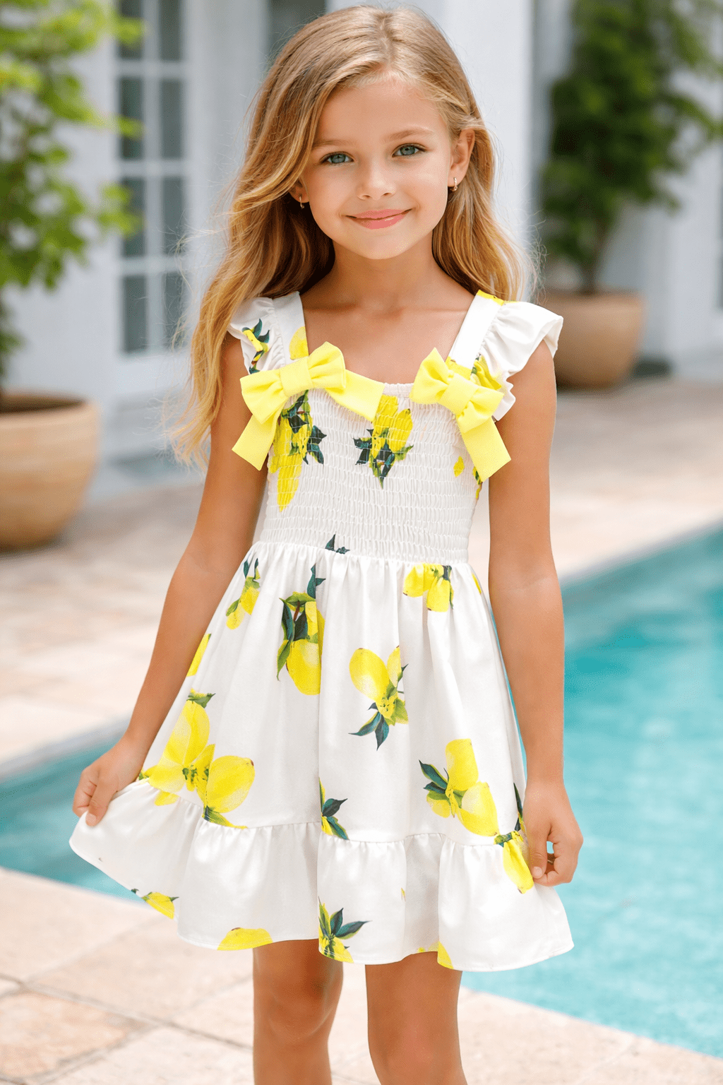 Girls lemon print smocked summer dress with yellow bow shoulders ages 4 to 14