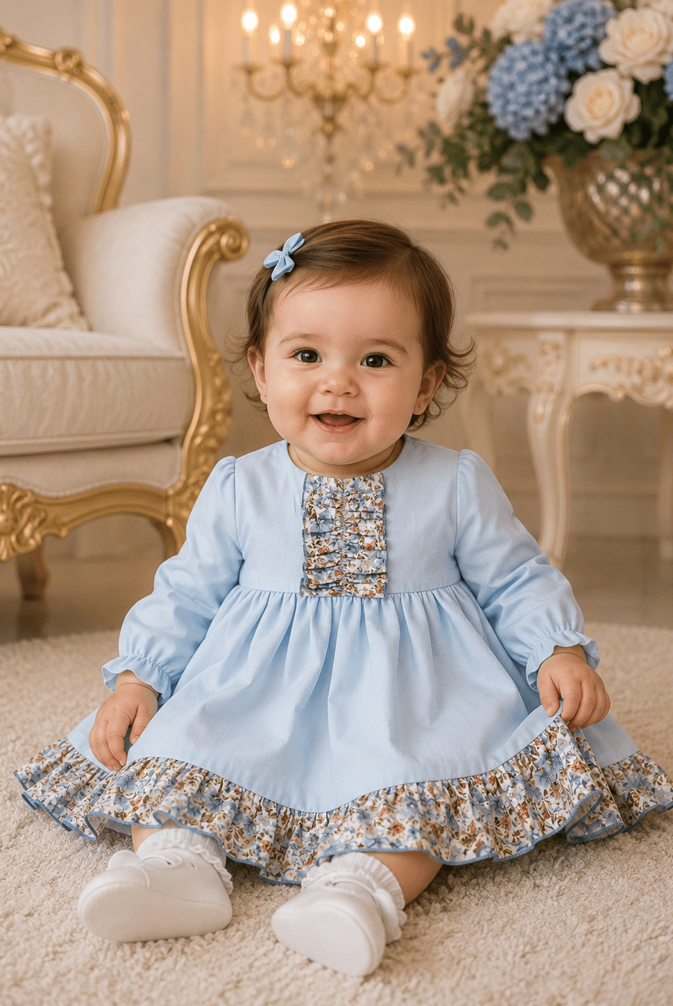 A baby girl wearing a light blue long-sleeve dress with a floral patterned yoke and ruffled hem, sitting on a cream carpet in an elegant room.