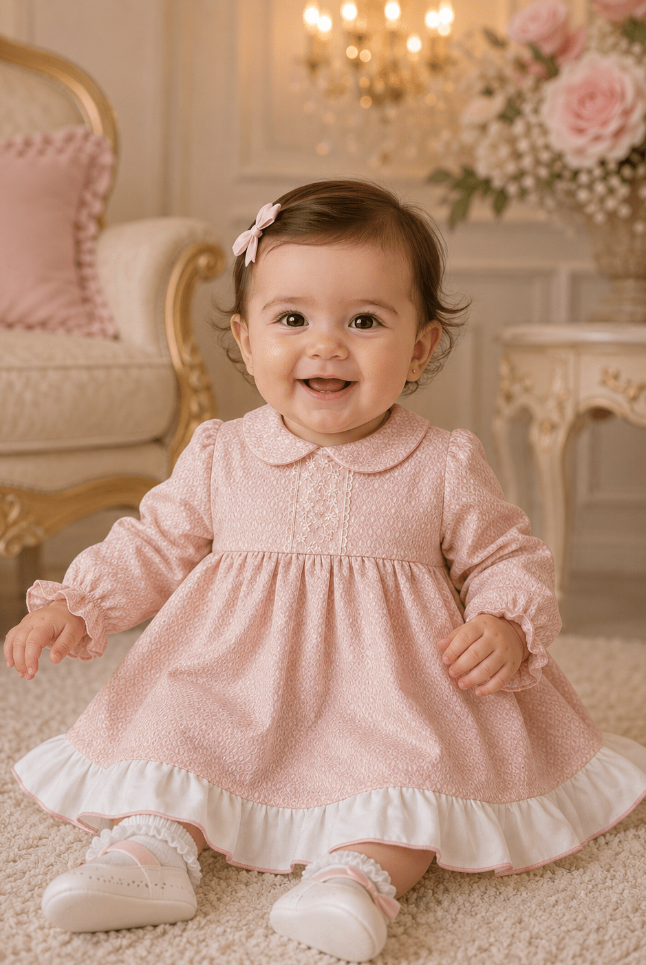 A baby girl wearing a light pink long-sleeve dress with a white ruffled hem and white baby shoes, sitting on a beige carpet in a decorated room with a gold armchair and flowers in the background.