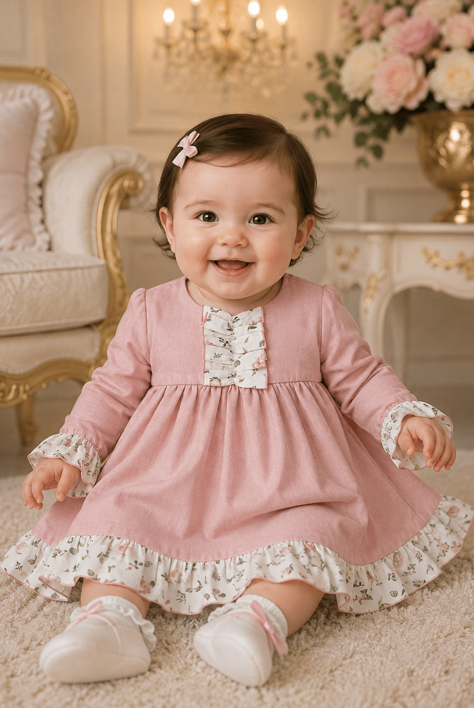 A smiling baby girl wearing a dusty pink long-sleeve dress with a white floral ruffle collar, cuffs, and hem, sitting on a beige carpet in a beautifully decorated room.
