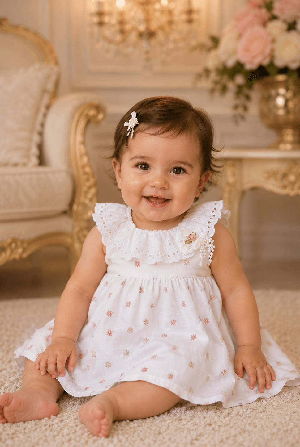 Lor Miral baby girls white and pink floral dress with broderie anglaise collar age 6 months