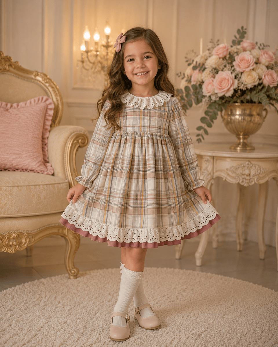 beige check dress Lor Miral Girls Pink & Cream CAMO Colors:Tru Tim BLAZE front closure is embroidered Design:Pleated Gemy Maalouf | Evening