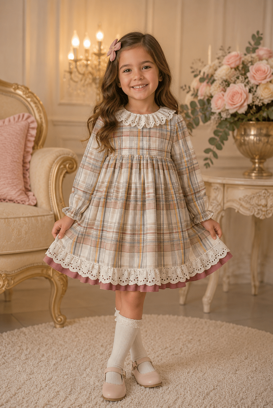 A young girl stands in a vintage-style room wearing a Lor Miral long-sleeve plaid dusky pink dress with a white ruffled collar and hem, white socks, and pink shoes. The room features a cream-colored armchair, a gold chandelier, and a table with pink roses.