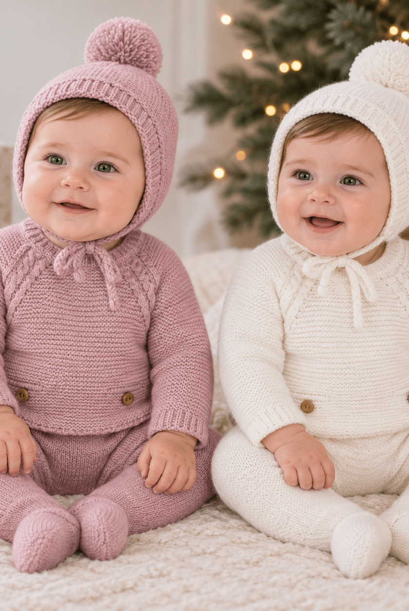 Mac Ilusion Baby Knitted 3 Piece Suit & Bonnet 12M | Pink & White