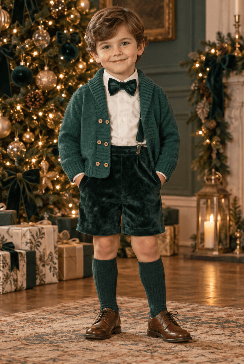 Boys Forest Green Velvet Shorts, Shirt and Matching Cardigan with Dickie Bow Tie for Christmas AW26 by Mac Ilusion.