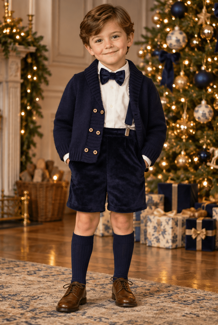 Mac Ilusion boys Navy shorts, shirt, cardigan and bow tie set for Christmas 2026.